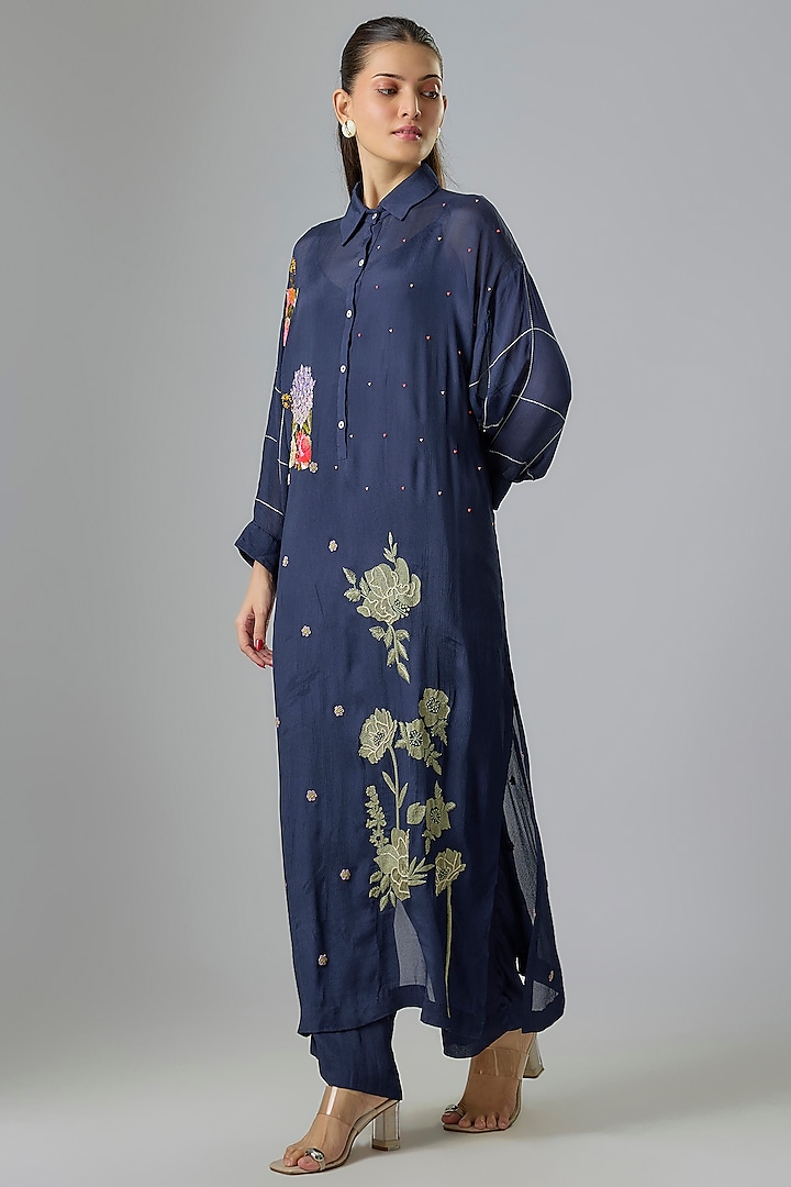Blue Crepe Chiffon Embroidered Kurta Set by Half Full Curve at Pernia's Pop Up Shop