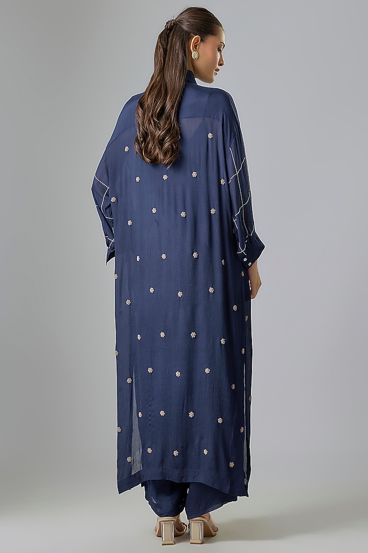 Blue Crepe Chiffon Embroidered Kurta Set by Half Full Curve at Pernia's Pop Up Shop