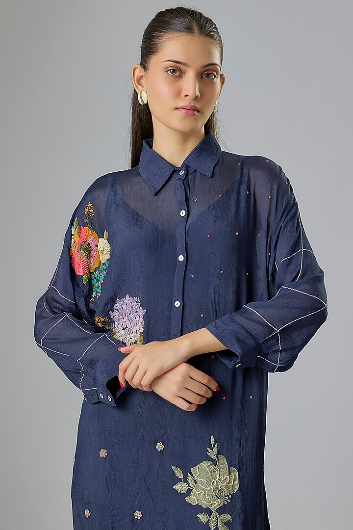 Blue Crepe Chiffon Embroidered Kurta Set by Half Full Curve at Pernia's Pop Up Shop