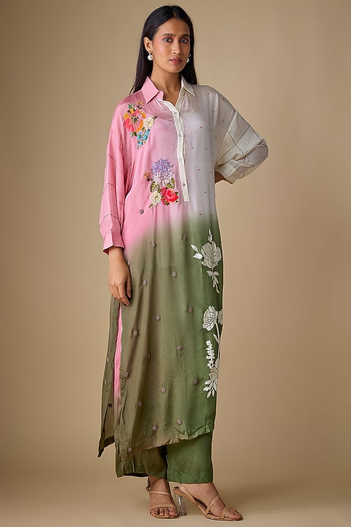Multi-Colored Crepe Chiffon Blossom Embroidered Kurta Set by Half Full Curve at Pernia's Pop Up Shop