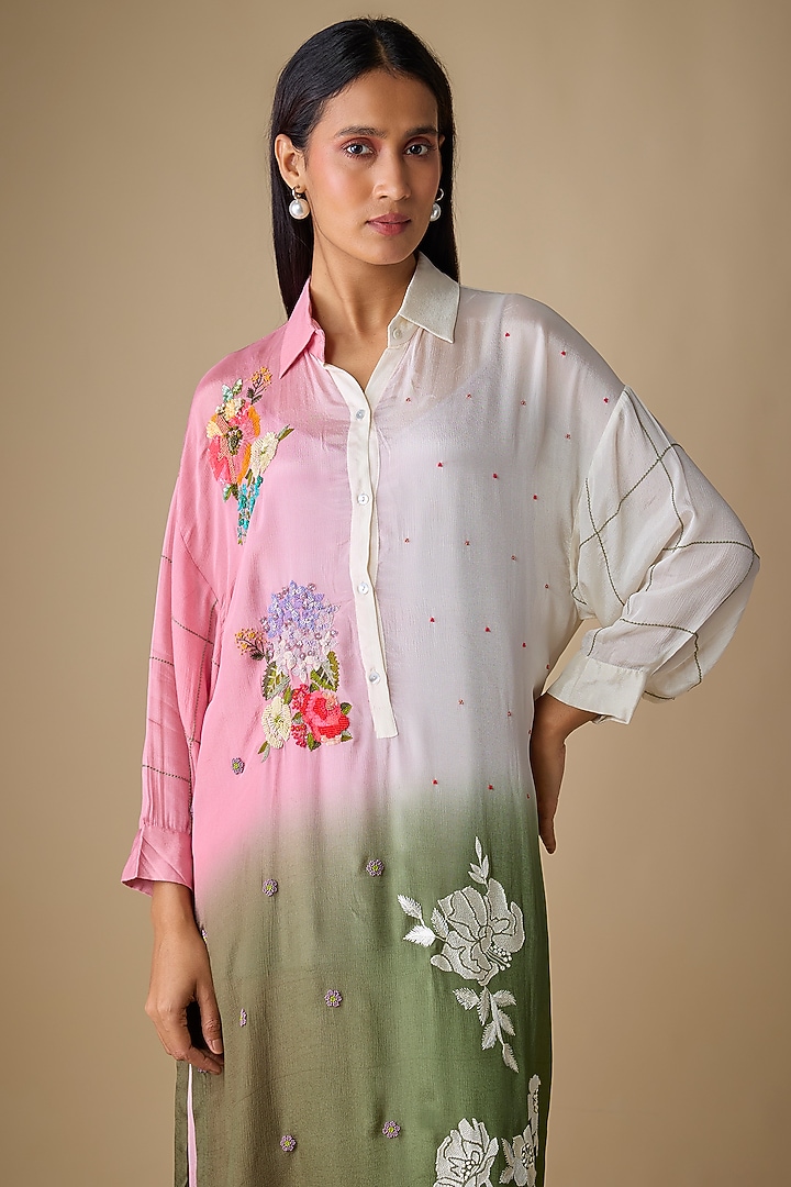 Multi-Colored Crepe Chiffon Blossom Embroidered Kurta Set by Half Full Curve at Pernia's Pop Up Shop