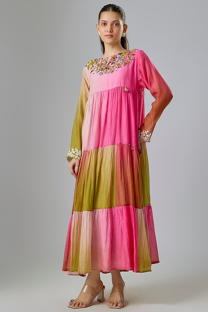 Pink Fine Chanderi Embroidered Tiered Vacation Dress by Half Full Curve at Pernia's Pop Up Shop