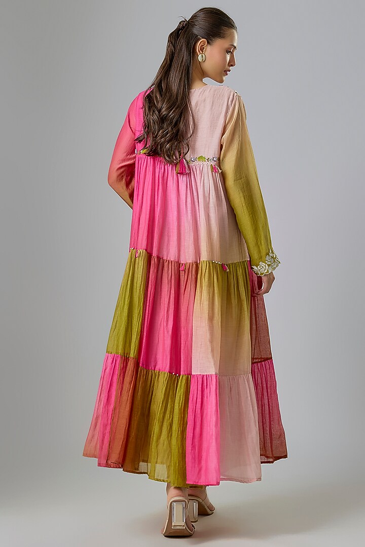 Pink Fine Chanderi Embroidered Tiered Vacation Dress by Half Full Curve at Pernia's Pop Up Shop
