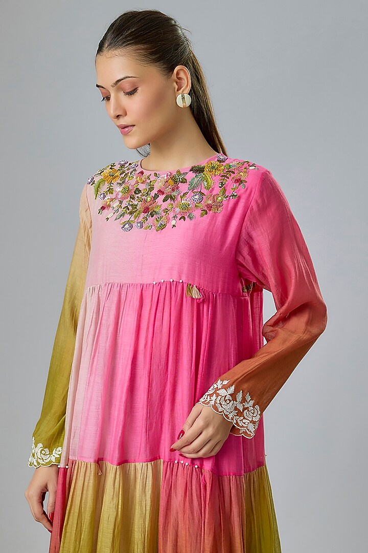 Pink Fine Chanderi Embroidered Tiered Vacation Dress by Half Full Curve at Pernia's Pop Up Shop