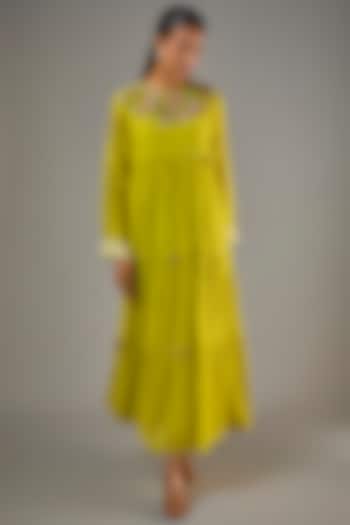 Green Fine Chanderi Hand Embroidered Tiered Midi Vacation Dress by Half Full Curve at Pernia's Pop Up Shop