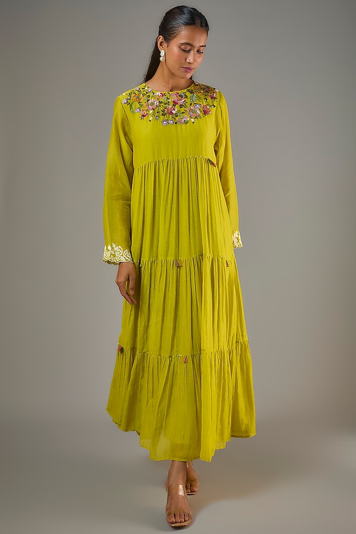 Green Fine Chanderi Hand Embroidered Tiered Midi Vacation Dress by Half Full Curve at Pernia's Pop Up Shop