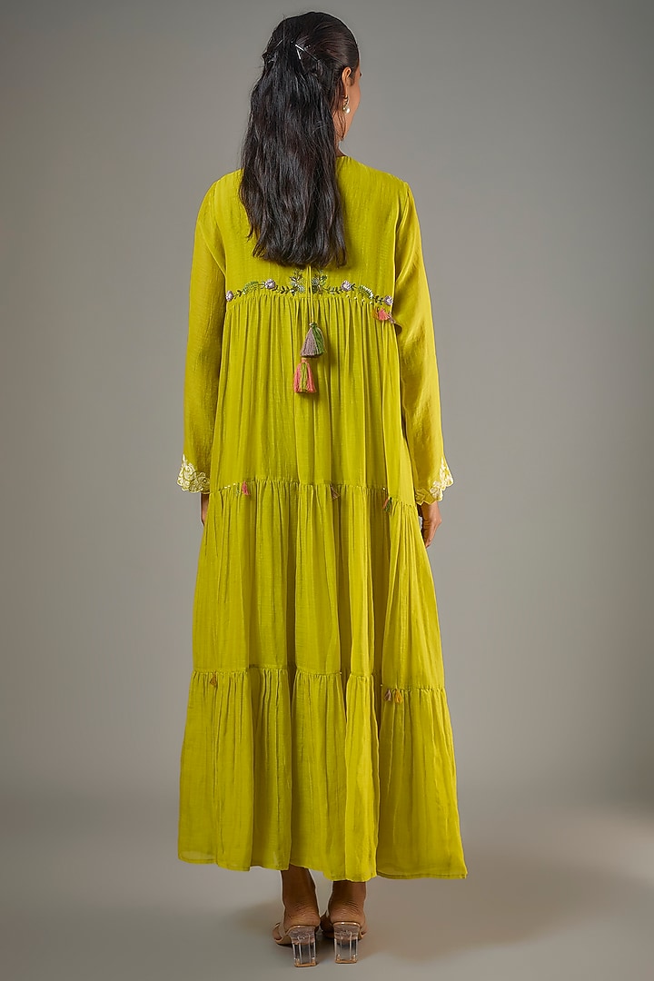 Green Fine Chanderi Hand Embroidered Tiered Midi Vacation Dress by Half Full Curve at Pernia's Pop Up Shop