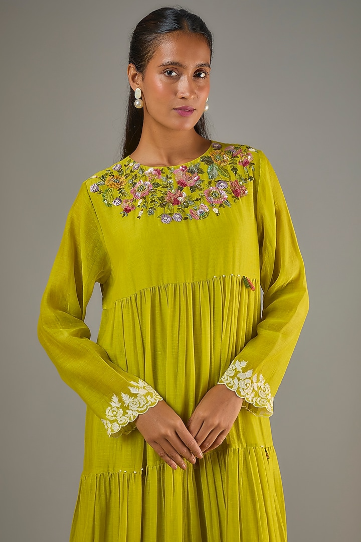 Green Fine Chanderi Hand Embroidered Tiered Midi Vacation Dress by Half Full Curve at Pernia's Pop Up Shop