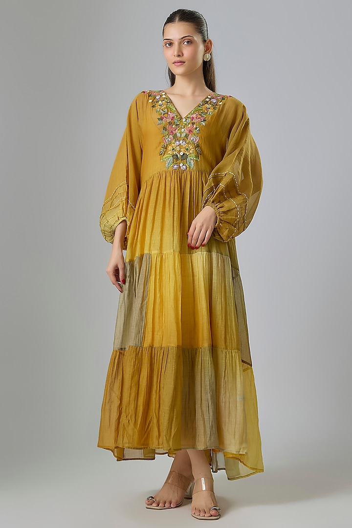 Mustard Shaded Fine Chanderi Embroidered Vacation Dress by Half Full Curve at Pernia's Pop Up Shop