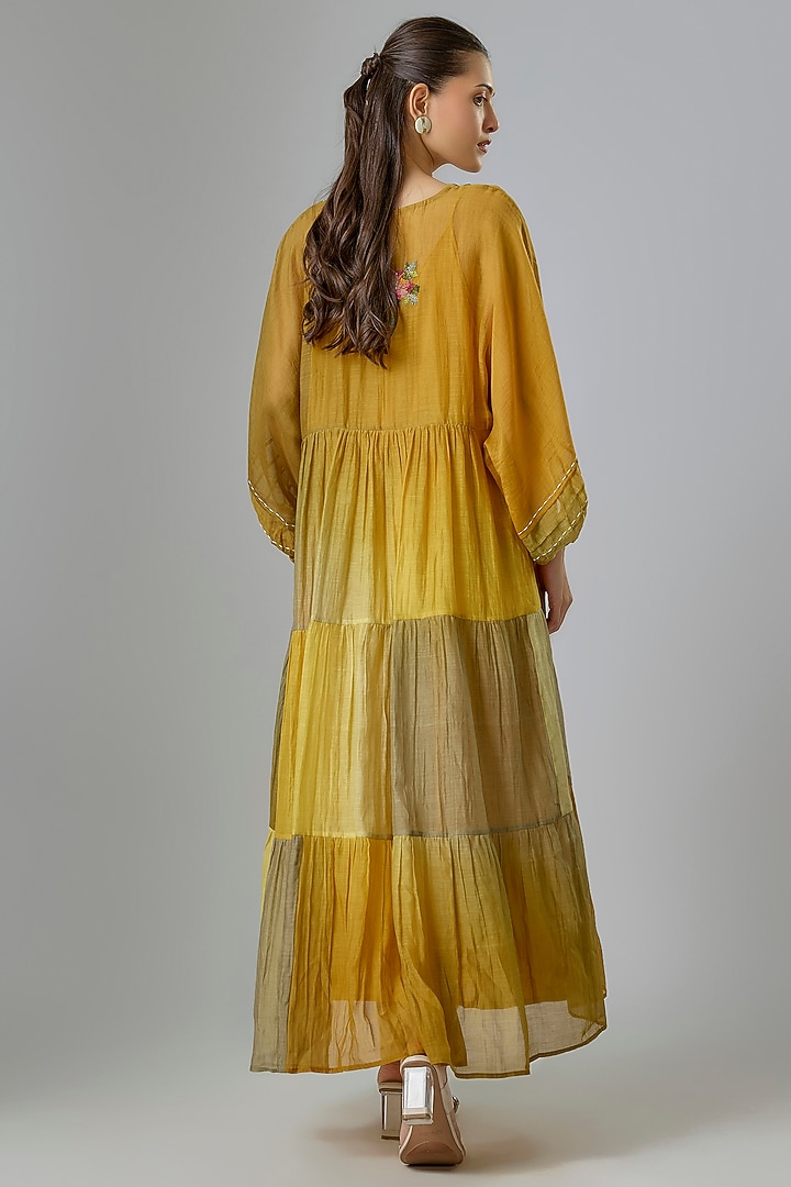 Mustard Shaded Fine Chanderi Embroidered Vacation Dress by Half Full Curve at Pernia's Pop Up Shop