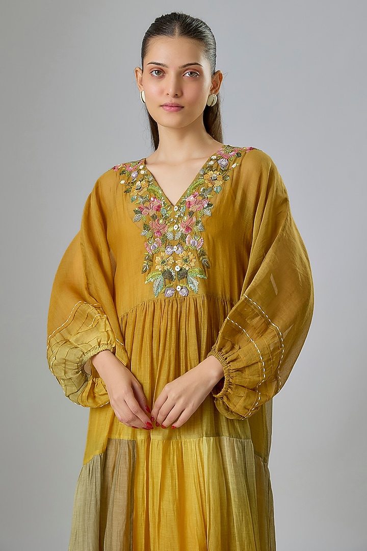 Mustard Shaded Fine Chanderi Embroidered Vacation Dress by Half Full Curve at Pernia's Pop Up Shop