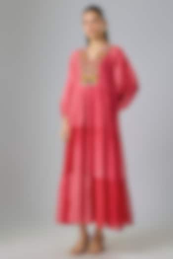 Red Shaded  Fine Chanderi Embroidered Vacation Dress by Half Full Curve at Pernia's Pop Up Shop