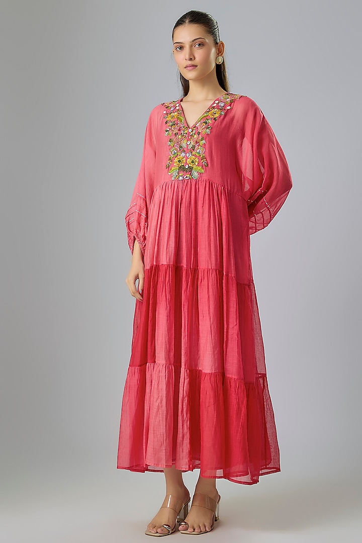 Red Shaded  Fine Chanderi Embroidered Vacation Dress by Half Full Curve at Pernia's Pop Up Shop
