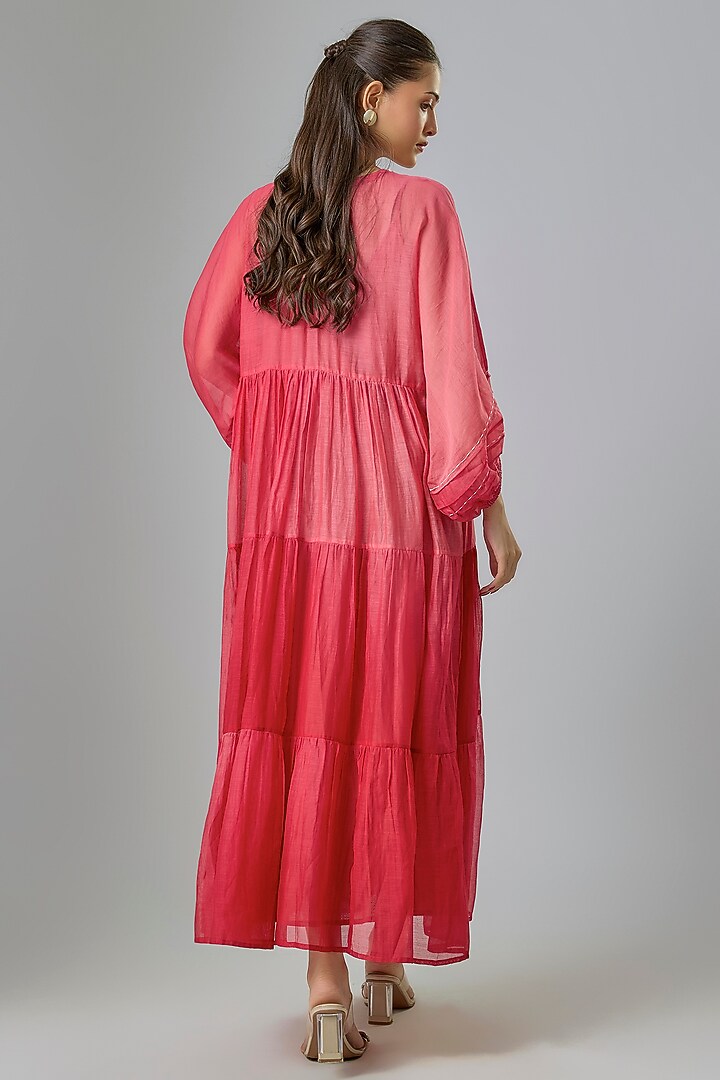 Red Shaded Fine Chanderi Embroidered Vacation Dress by Half Full Curve at Pernia's Pop Up Shop