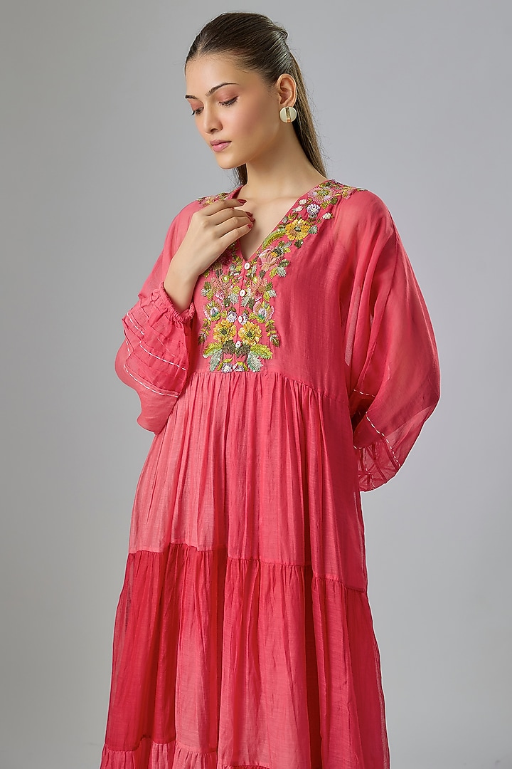 Red Shaded Fine Chanderi Embroidered Vacation Dress by Half Full Curve at Pernia's Pop Up Shop