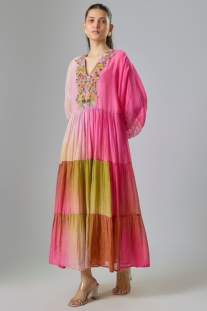 Fuchsia & Green Shaded Fine Chanderi Embroidered Vacation Dress by Half Full Curve at Pernia's Pop Up Shop