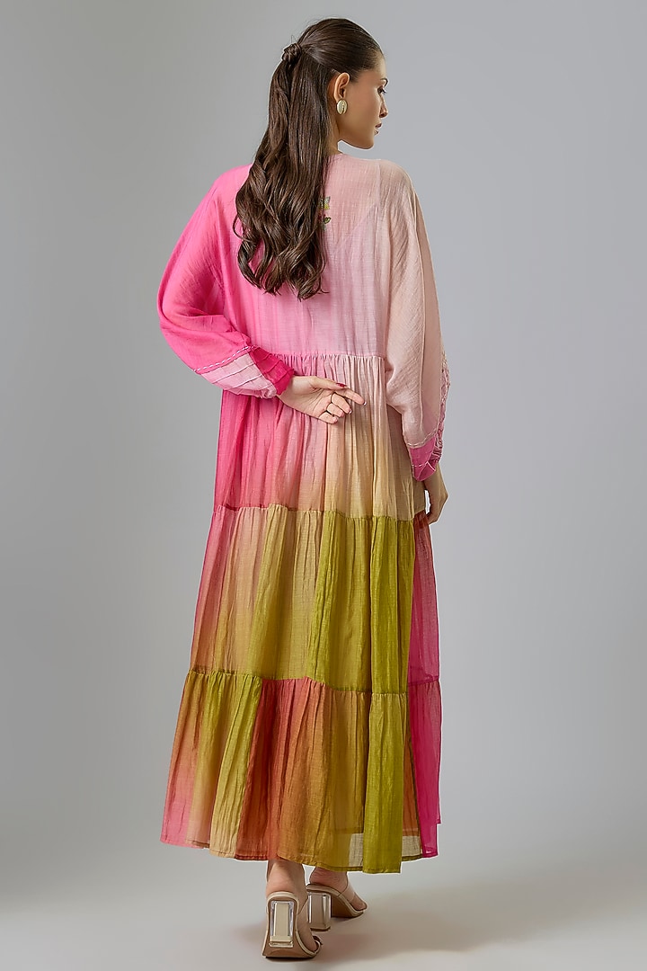Fuchsia & Green Shaded Fine Chanderi Embroidered Vacation Dress by Half Full Curve at Pernia's Pop Up Shop