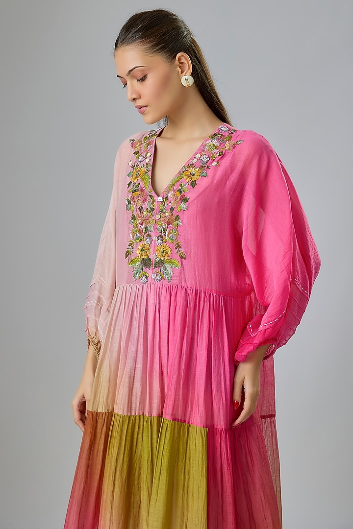Fuchsia & Green Shaded Fine Chanderi Embroidered Vacation Dress by Half Full Curve at Pernia's Pop Up Shop