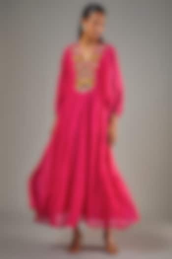 Pink Fine Chanderi Hand Embroidered Midi Vacation Dress by Half Full Curve at Pernia's Pop Up Shop