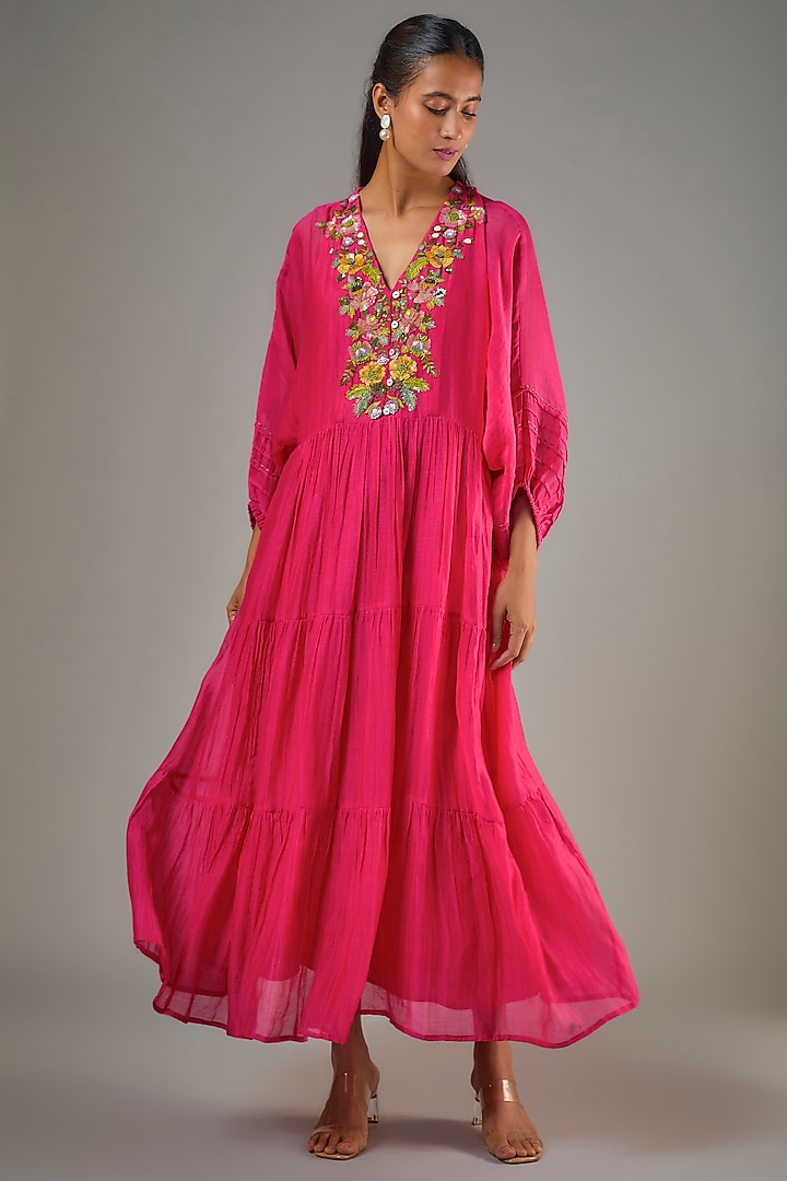 Pink Fine Chanderi Hand Embroidered Midi Vacation Dress by Half Full Curve at Pernia's Pop Up Shop