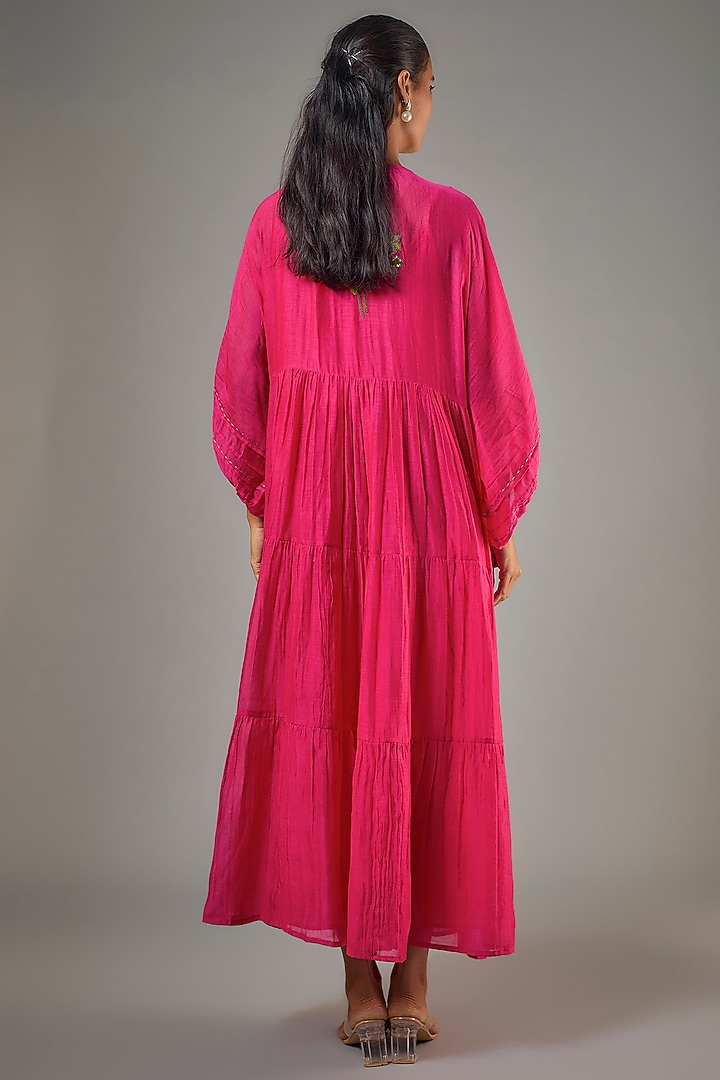 Pink Fine Chanderi Hand Embroidered Midi Vacation Dress by Half Full Curve at Pernia's Pop Up Shop