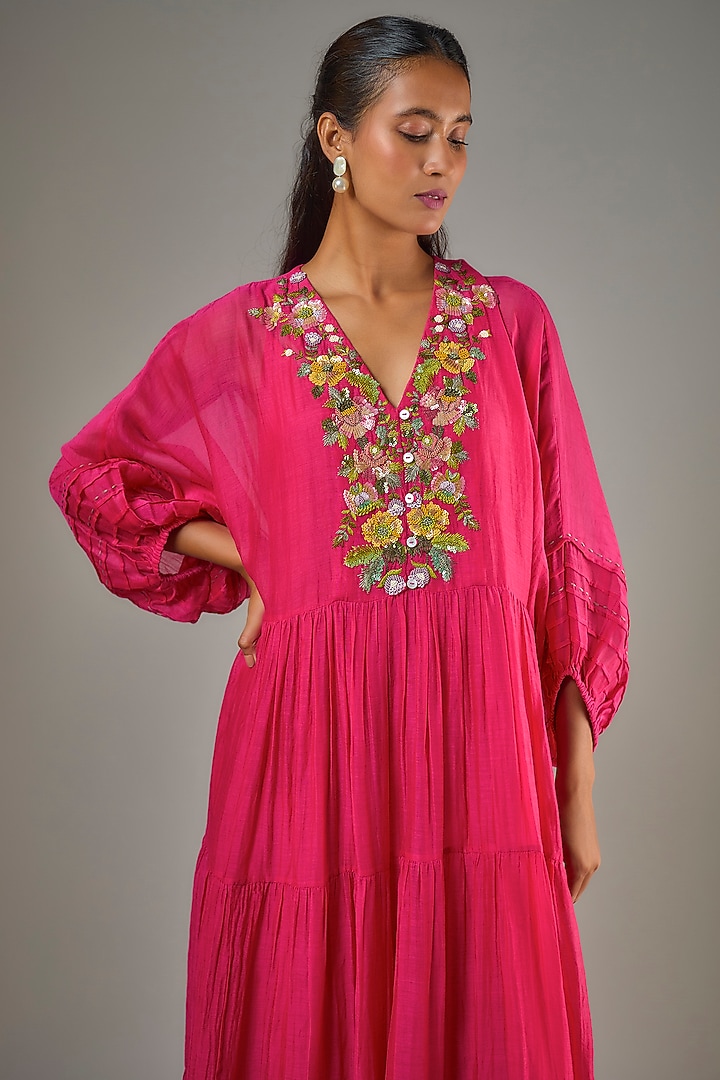 Pink Fine Chanderi Hand Embroidered Midi Vacation Dress by Half Full Curve at Pernia's Pop Up Shop