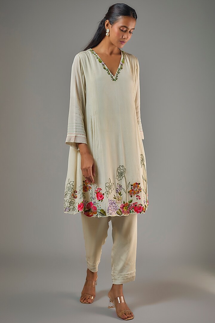 Ivory Crepe Chiffon Hand Embroidered Co-Ord Set by Half Full Curve at Pernia's Pop Up Shop