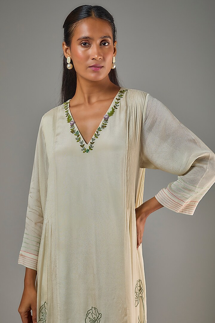Ivory Crepe Chiffon Hand Embroidered Co-Ord Set by Half Full Curve at Pernia's Pop Up Shop