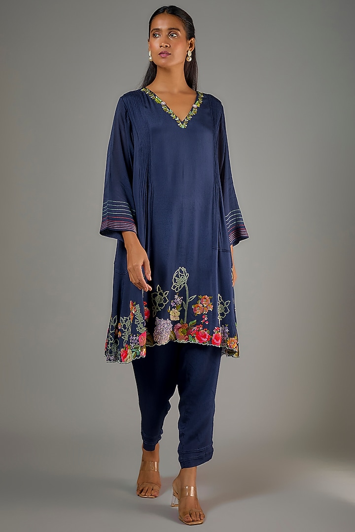 Blue Crepe Chiffon Hand Embroidered Co-Ord Set by Half Full Curve at Pernia's Pop Up Shop