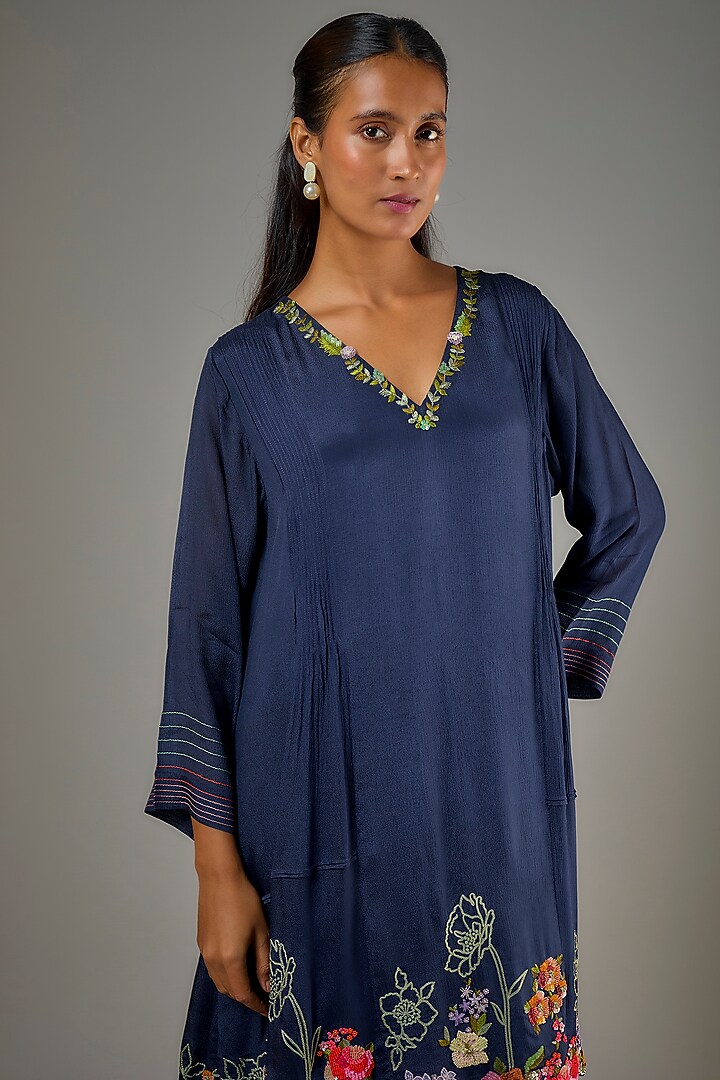 Blue Crepe Chiffon Hand Embroidered Co-Ord Set by Half Full Curve at Pernia's Pop Up Shop