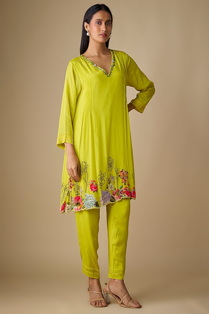 Green Crepe Chiffon Blossom Embroidered Co-Ord Set by Half Full Curve at Pernia's Pop Up Shop
