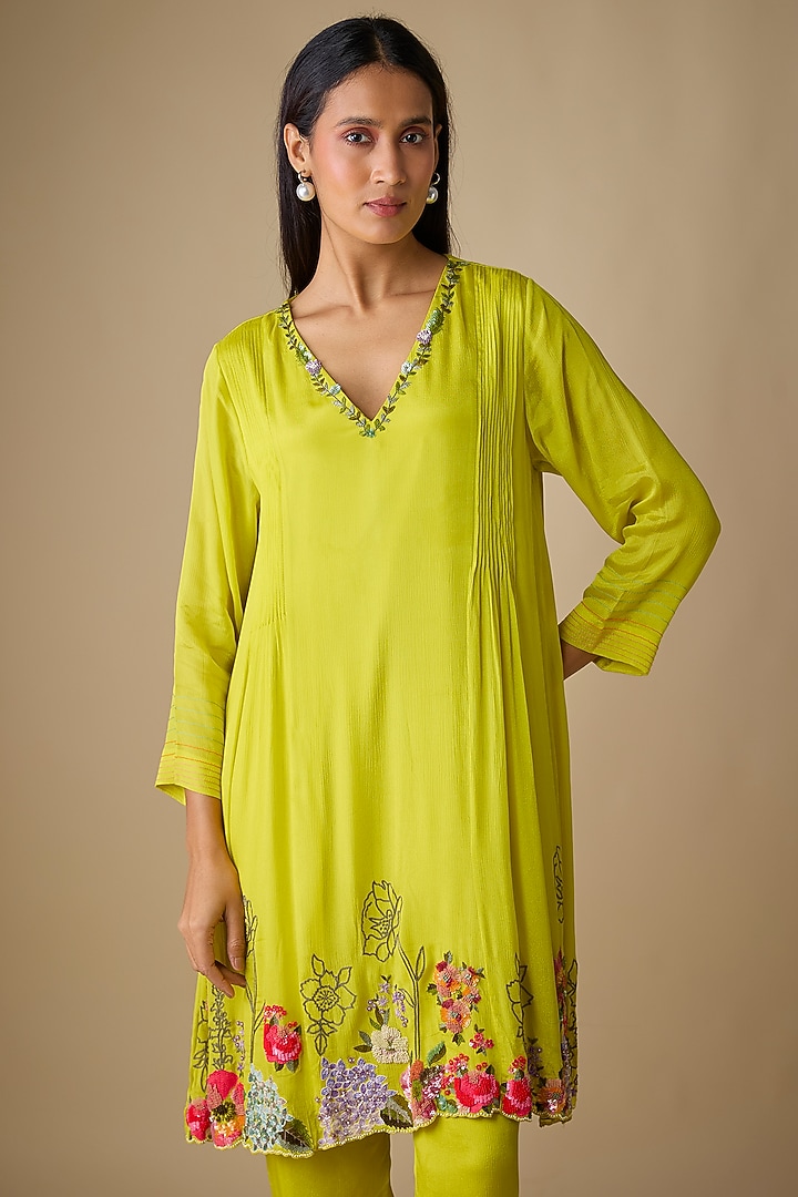 Green Crepe Chiffon Blossom Embroidered Co-Ord Set by Half Full Curve at Pernia's Pop Up Shop