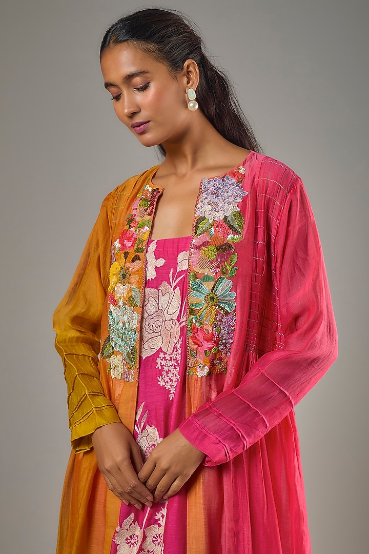 Pink Fine Chanderi Hand Embroidered Jacket With Inner by Half Full Curve at Pernia's Pop Up Shop
