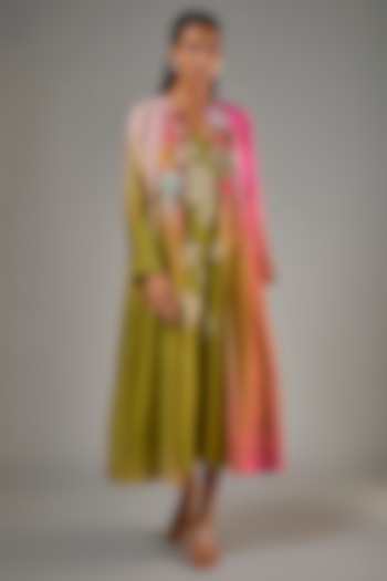 Green Fine Chanderi Hand Embroidered Jacket With Inner by Half Full Curve at Pernia's Pop Up Shop