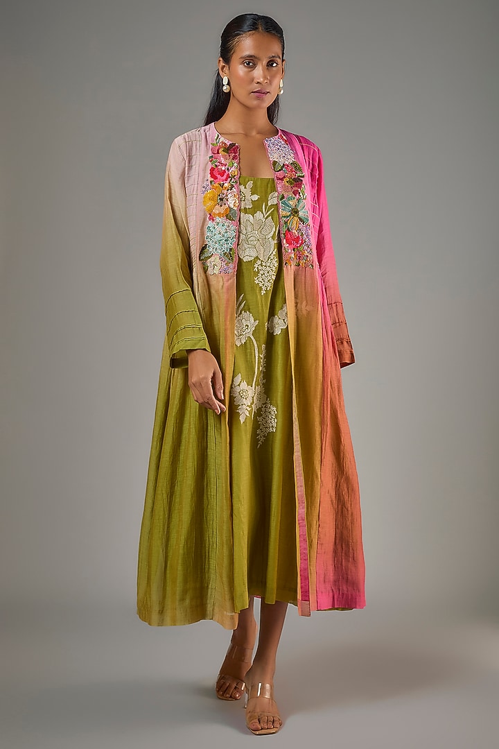 Green Fine Chanderi Hand Embroidered Jacket With Inner by Half Full Curve at Pernia's Pop Up Shop