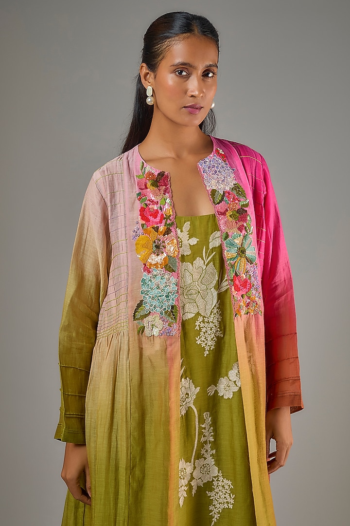 Green Fine Chanderi Hand Embroidered Jacket With Inner by Half Full Curve at Pernia's Pop Up Shop