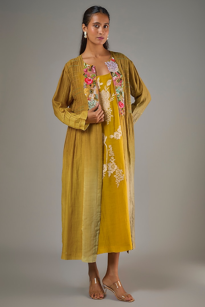 Yellow Fine Chanderi Hand Embroidered Jacket With Inner by Half Full Curve at Pernia's Pop Up Shop
