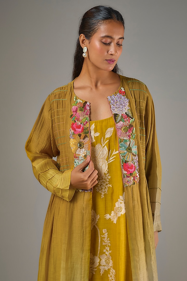 Yellow Fine Chanderi Hand Embroidered Jacket With Inner by Half Full Curve at Pernia's Pop Up Shop