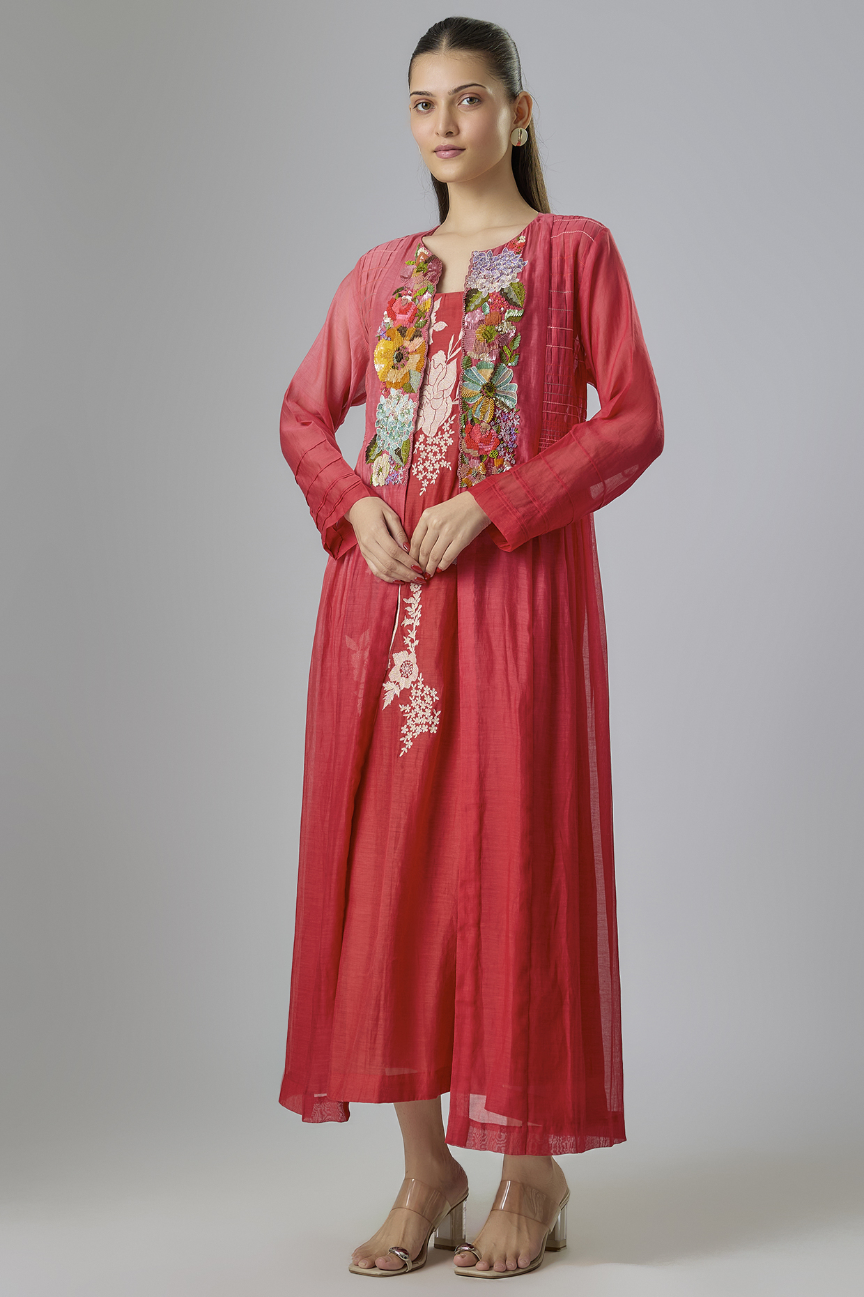 Red Fine Chanderi Embroidered Jacket With Inner by Half Full Curve at Pernia's Pop Up Shop