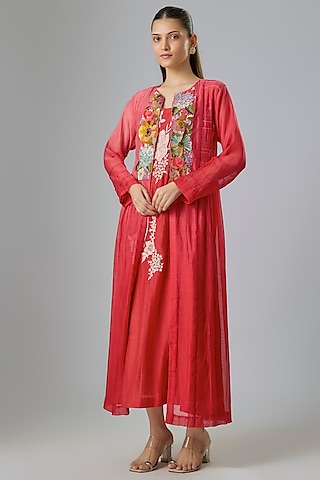 Red Fine Chanderi Embroidered Jacket With Inner by Half Full Curve