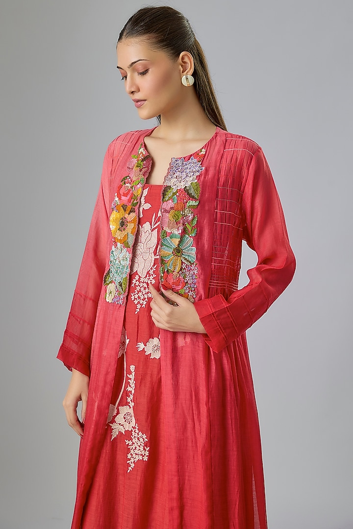Red Fine Chanderi Embroidered Jacket With Inner by Half Full Curve at Pernia's Pop Up Shop