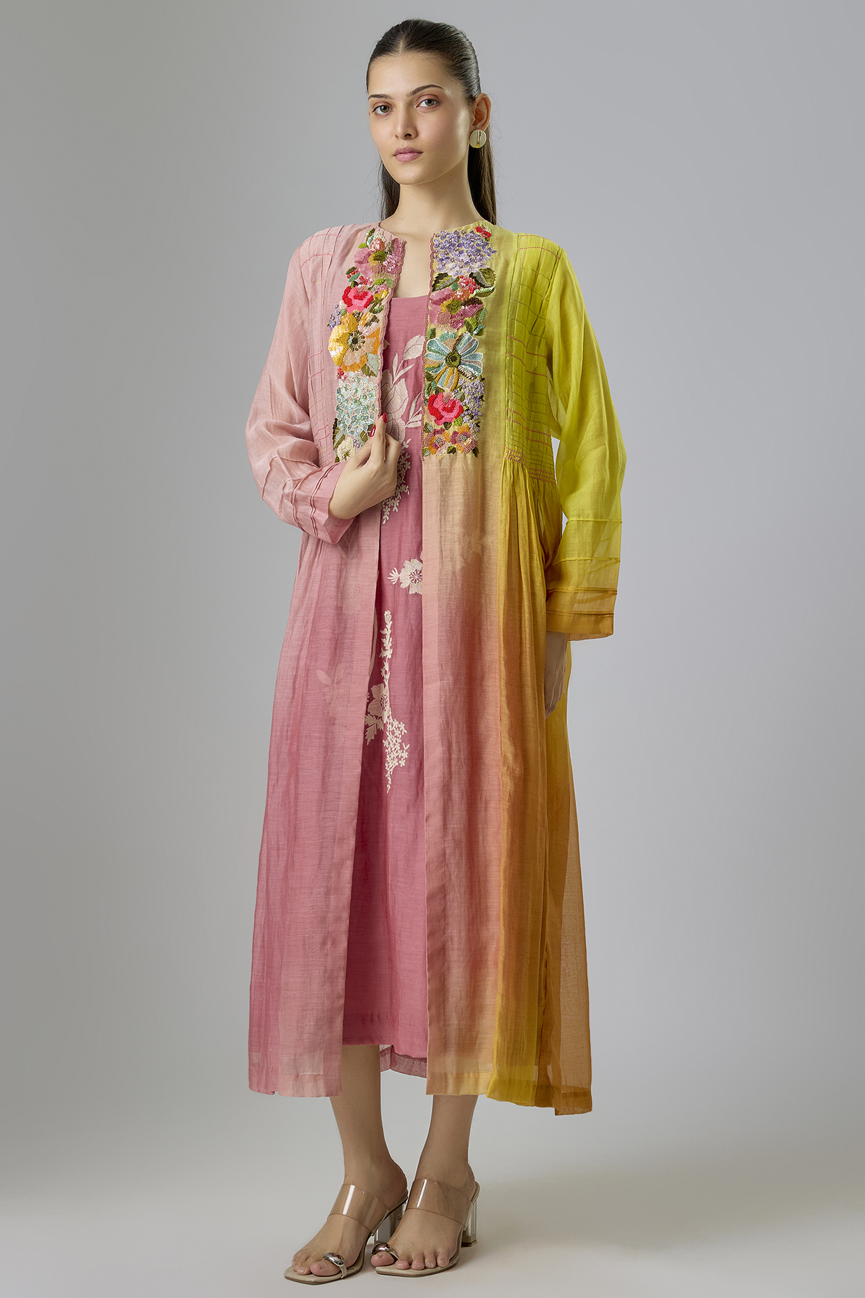 Pink Fine Chanderi Embroidered Jacket With Inner by Half Full Curve at Pernia's Pop Up Shop