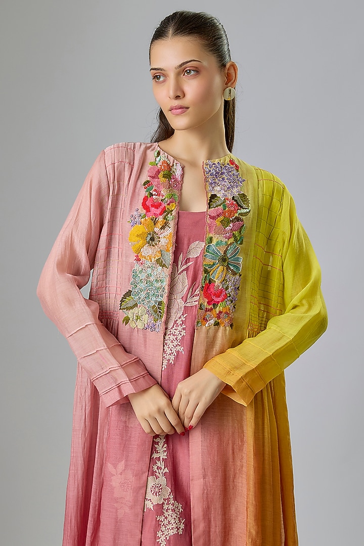 Pink Fine Chanderi Embroidered Jacket With Inner by Half Full Curve at Pernia's Pop Up Shop