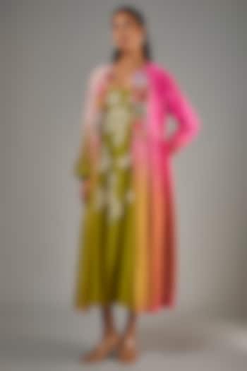 Green Fine Chanderi Hand Embroidered Jacket With Inner by Half Full Curve at Pernia's Pop Up Shop