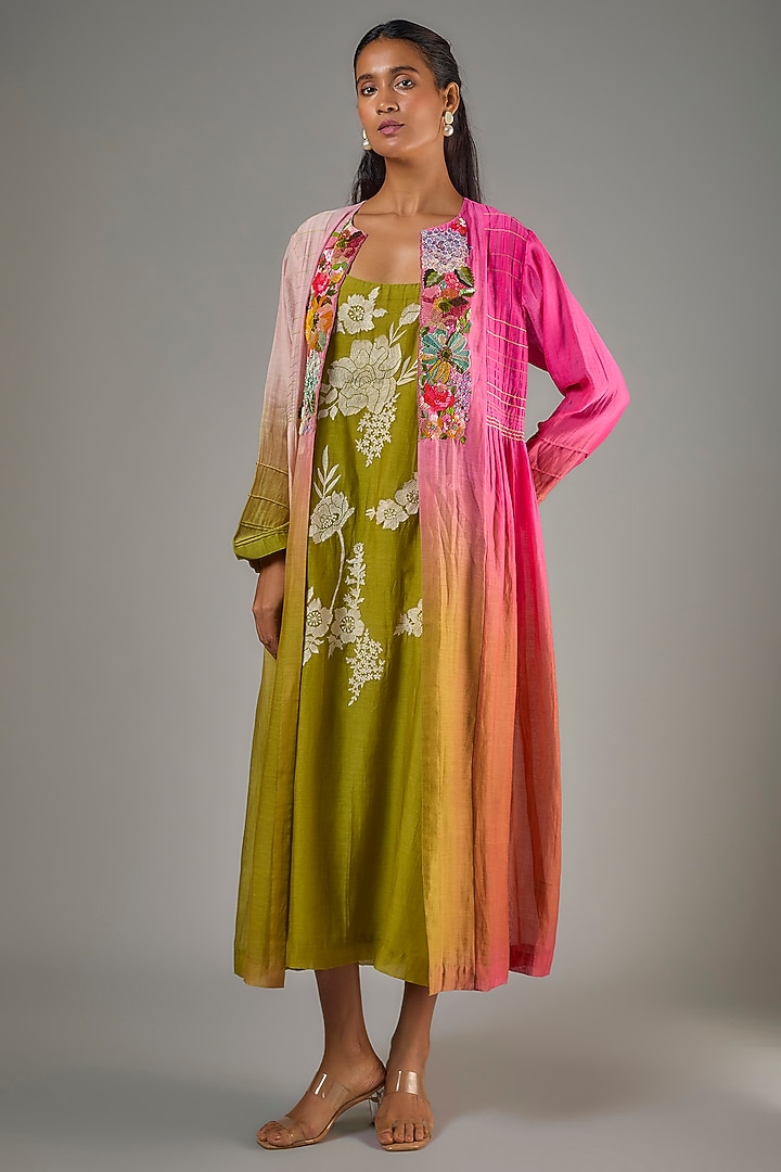 Green Fine Chanderi Hand Embroidered Jacket With Inner by Half Full Curve at Pernia's Pop Up Shop
