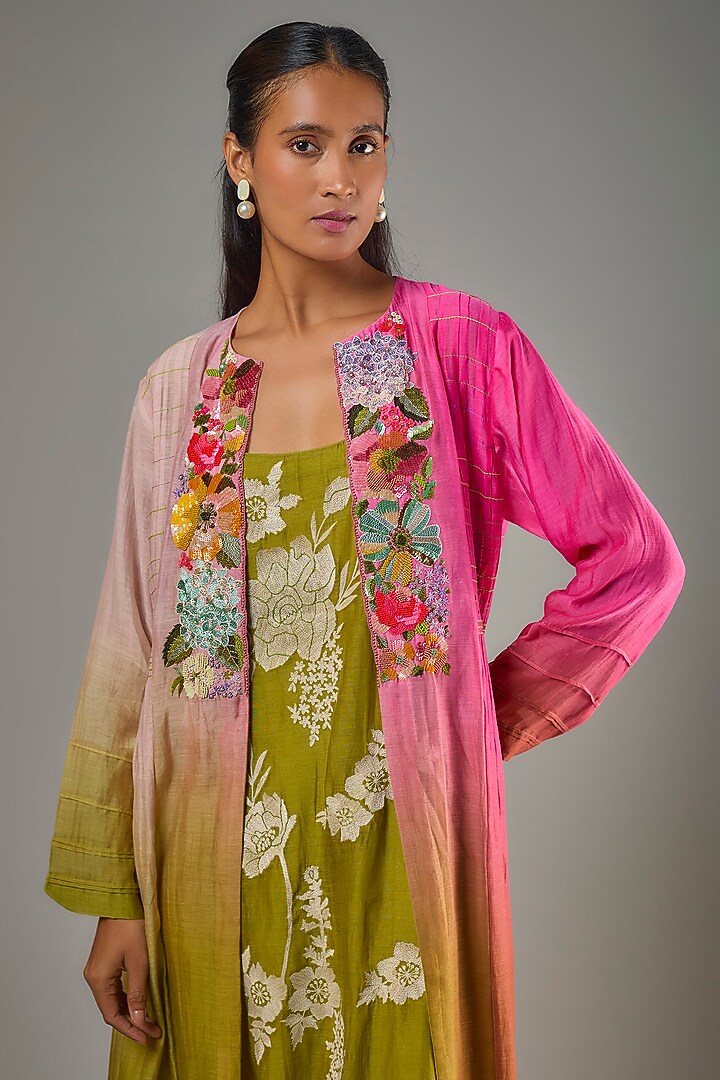 Green Fine Chanderi Hand Embroidered Jacket With Inner by Half Full Curve at Pernia's Pop Up Shop