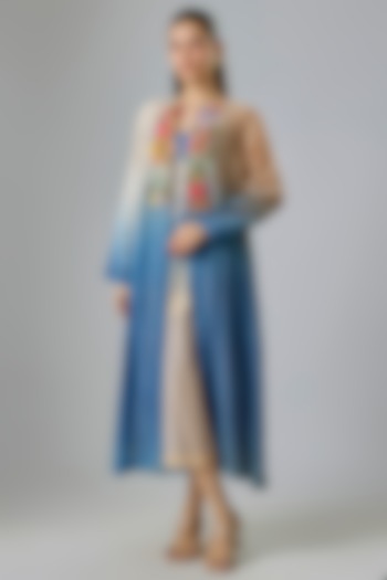 Blue Fine Chanderi Embroidered Jacket With Inner by Half Full Curve at Pernia's Pop Up Shop