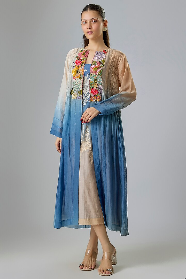 Blue Fine Chanderi Embroidered Jacket With Inner by Half Full Curve at Pernia's Pop Up Shop