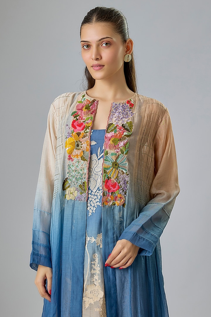 Blue Fine Chanderi Embroidered Jacket With Inner by Half Full Curve at Pernia's Pop Up Shop