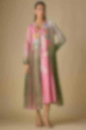 Pink & Grey Shaded Fine Chanderi Blossom Embroidered Jacket With Inner by Half Full Curve at Pernia's Pop Up Shop